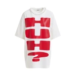 Essentiel Antwerp White and red oversized cotton T-shirt with "HUH?"- print and bead embellishments - Essentiel Antwerp Shirts - Colorful Belgian Design - Shop at Luxury Shoes 