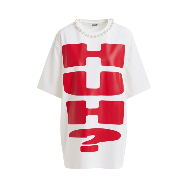 Essentiel Antwerp White and red oversized cotton T-shirt with "HUH?"- print and bead embellishments - Essentiel Antwerp Shirts - Colorful Belgian Design - Shop at Luxury Shoes 