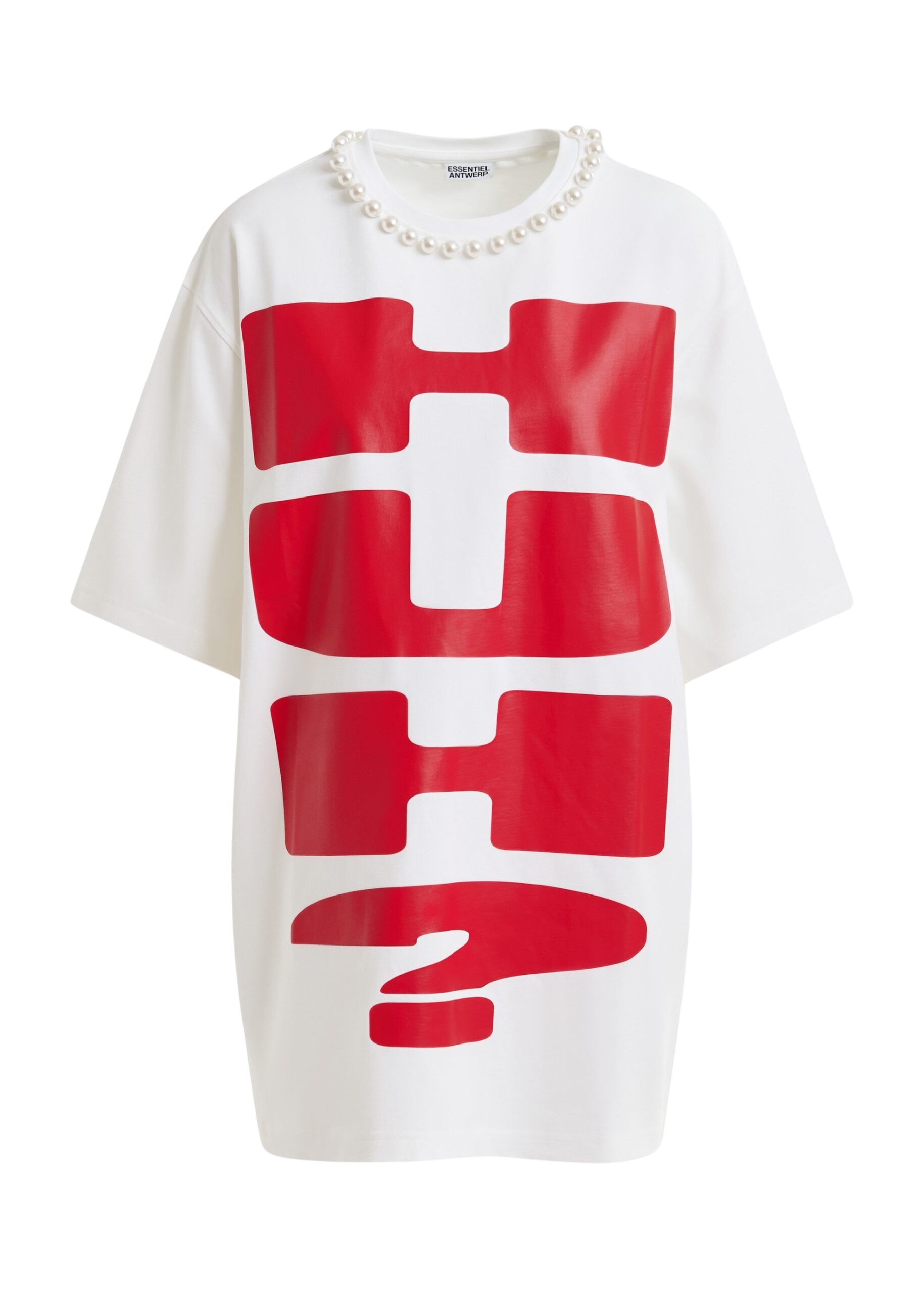 Essentiel Antwerp White and red oversized cotton T-shirt with “HUH?”- print and bead embellishments Top