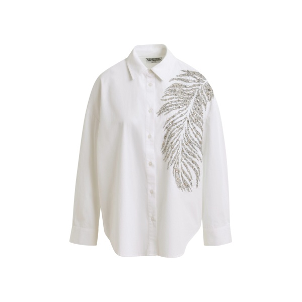 Essentiel Antwerp White and silver oversized cotton shirt with sequin and bead embellishment - Essentiel Antwerp Shirts - Colorful Belgian Design - Shop at Luxury Shoes 