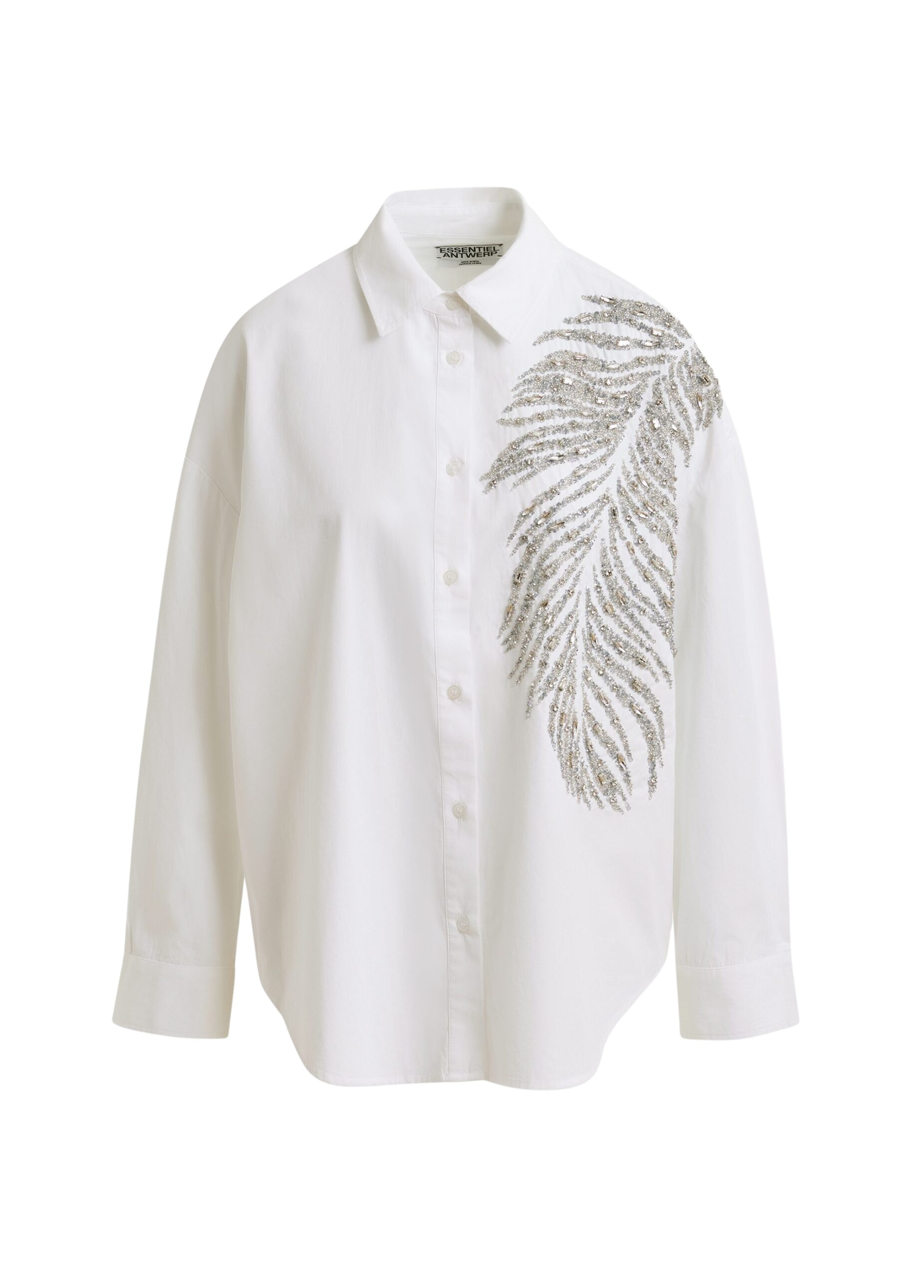 Essentiel Antwerp White and silver oversized cotton shirt with sequin and bead embellishment