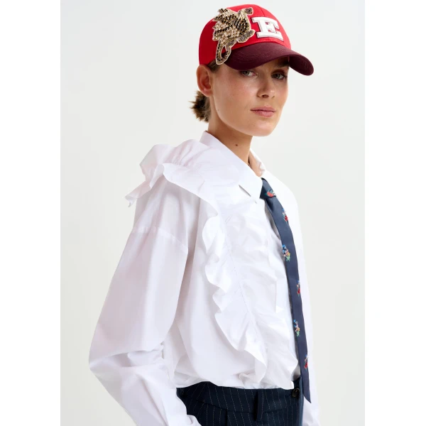 Essentiel Antwerp White cotton shirt with ruffle detail - Essentiel Antwerp Shirts - Colorful Belgian Design - Shop at Luxury Shoes 