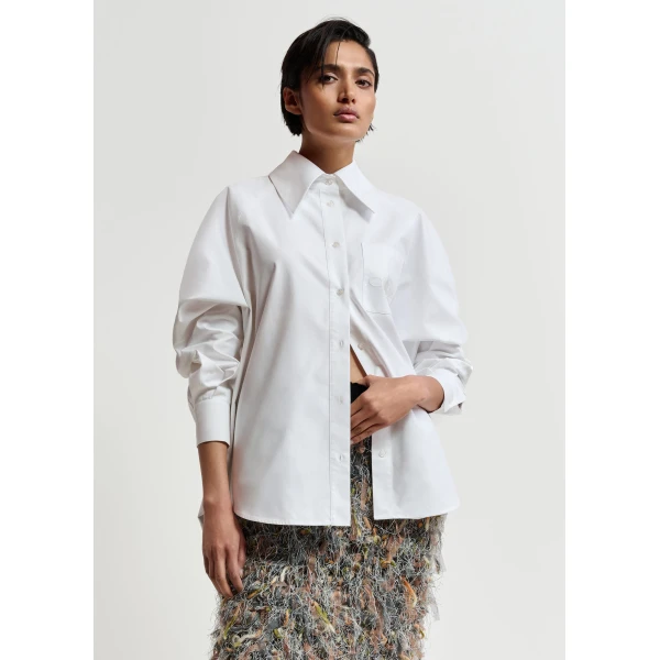 Essentiel Antwerp White oversized cotton shirt with draped back detail - Essentiel Antwerp Shirts - Colorful Belgian Design - Shop at Luxury Shoes 