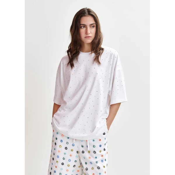 Essentiel Antwerp White oversized organic cotton T-shirt with sequin details - Essentiel Antwerp Shirts - Colorful Belgian Design - Shop at Luxury Shoes 