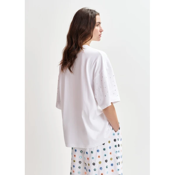 Essentiel Antwerp White oversized organic cotton T-shirt with sequin details - Essentiel Antwerp Shirts - Colorful Belgian Design - Shop at Luxury Shoes 