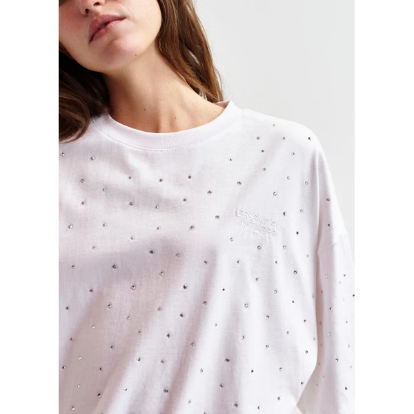 Essentiel Antwerp White oversized organic cotton T-shirt with sequin details - Essentiel Antwerp Shirts - Colorful Belgian Design - Shop at Luxury Shoes 