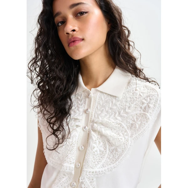 Essentiel Antwerp White sleeveless polo with lace details and pearl buttons - Essentiel Antwerp Tops - Colorful Belgian Design - Shop at Luxury Shoes 