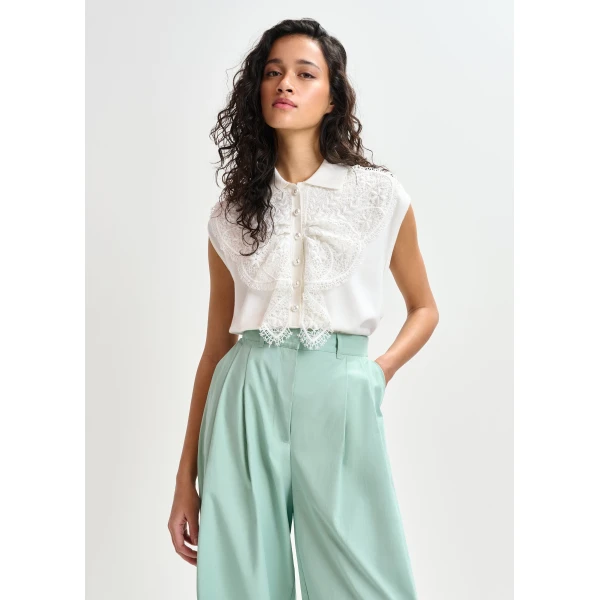 Essentiel Antwerp White sleeveless polo with lace details and pearl buttons - Essentiel Antwerp Tops - Colorful Belgian Design - Shop at Luxury Shoes 