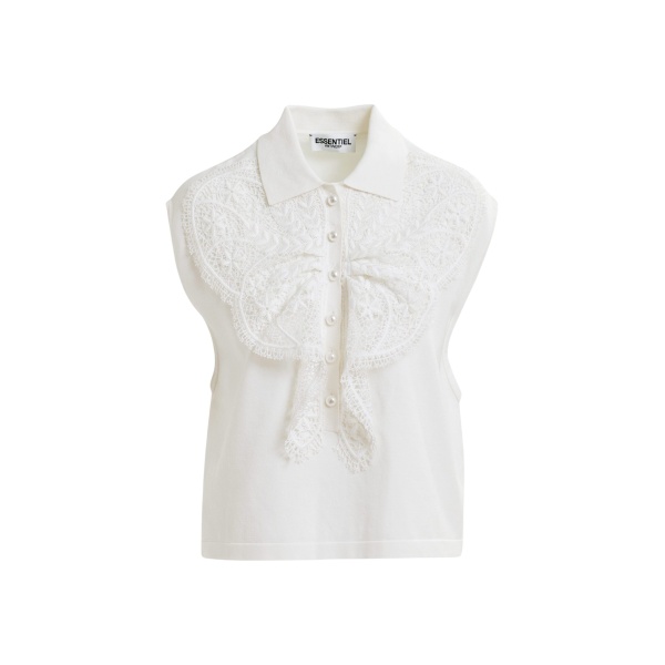 Essentiel Antwerp White sleeveless polo with lace details and pearl buttons - Essentiel Antwerp Tops - Colorful Belgian Design - Shop at Luxury Shoes 