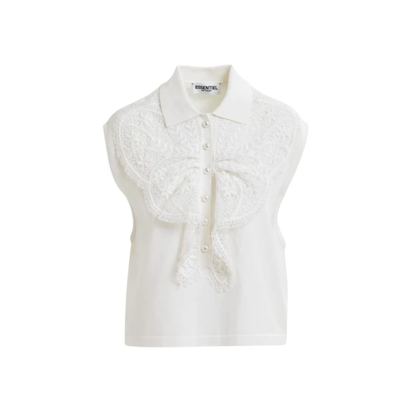 Essentiel Antwerp White sleeveless polo with lace details and pearl buttons - Essentiel Antwerp Tops - Colorful Belgian Design - Shop at Luxury Shoes 