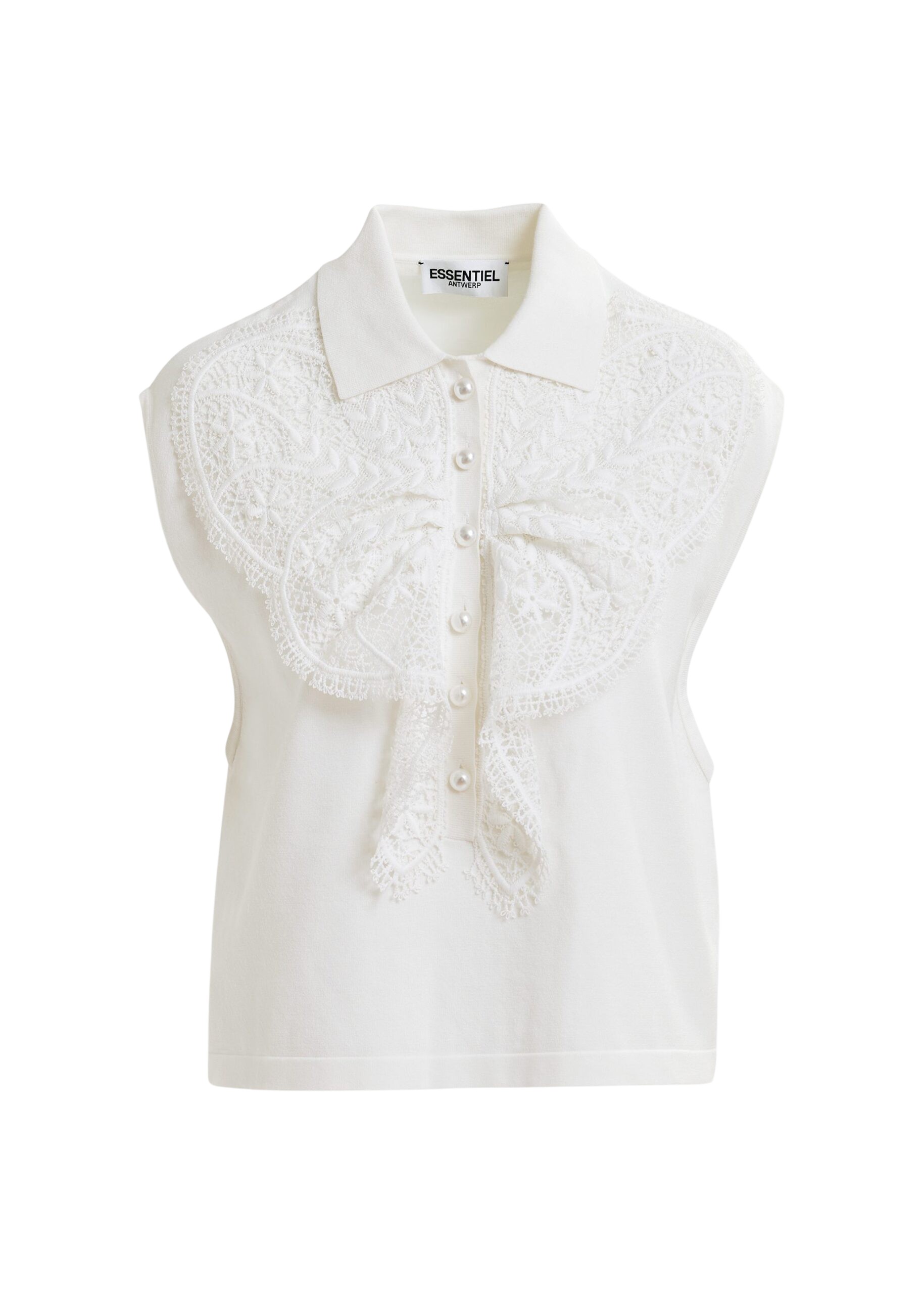 Essentiel Antwerp White sleeveless polo with lace details and pearl buttons Top