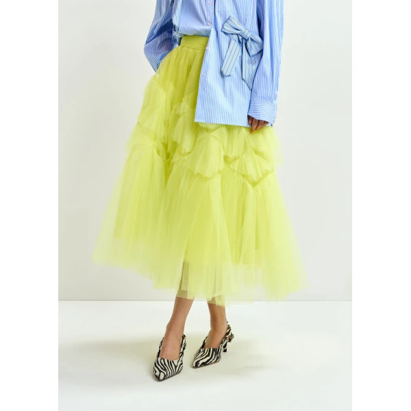 Essentiel Antwerp Yellow asymmetrical tiered tulle midi skirt - Essentiel Antwerp Skirts - Colorful Belgian Design - Shop at Luxury Shoes 