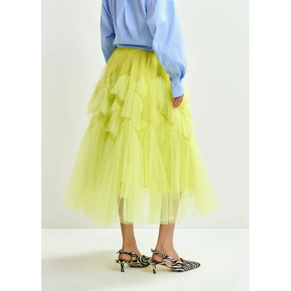 Essentiel Antwerp Yellow asymmetrical tiered tulle midi skirt - Essentiel Antwerp Skirts - Colorful Belgian Design - Shop at Luxury Shoes 