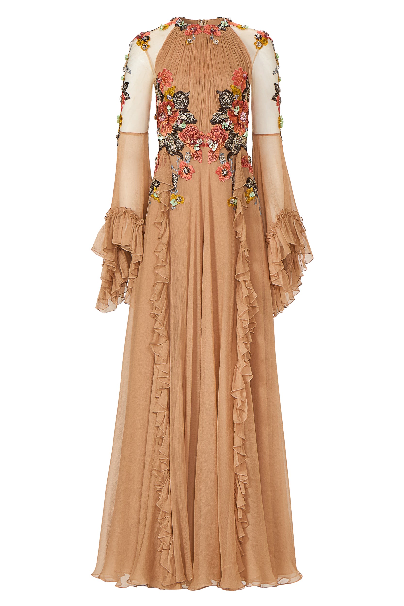 Costarellos Zilara Crinkle Silk Chiffon Gown