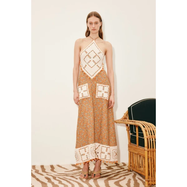Alemais Marva Crochet Halter Midi Dress  Sustainable Dresses with Alemais print -  Luxury Handbags Australian Designer