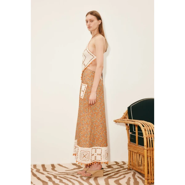 Alemais Marva Crochet Halter Midi Dress  Sustainable Dresses with Alemais print -  Luxury Handbags Australian Designer
