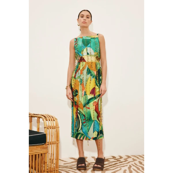 Alemais Mokshini Beaded Fringe Midi Dress  Sustainable Dresses with Alemais print -  Luxury Handbags Australian Designer