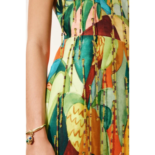 Alemais Mokshini Beaded Fringe Midi Dress  Sustainable Dresses with Alemais print -  Luxury Handbags Australian Designer