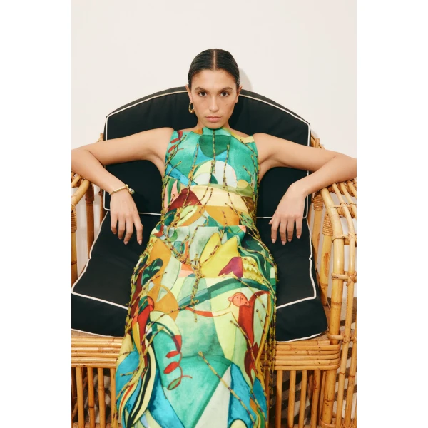 Alemais Mokshini Beaded Fringe Midi Dress  Sustainable Dresses with Alemais print -  Luxury Handbags Australian Designer