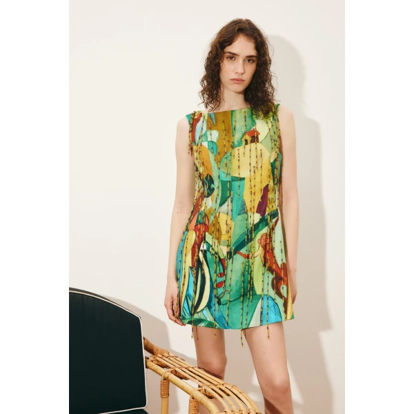Alemais Mokshini Beaded Fringe Mini Dress  Sustainable Dresses with Alemais print -  Luxury Handbags Australian Designer