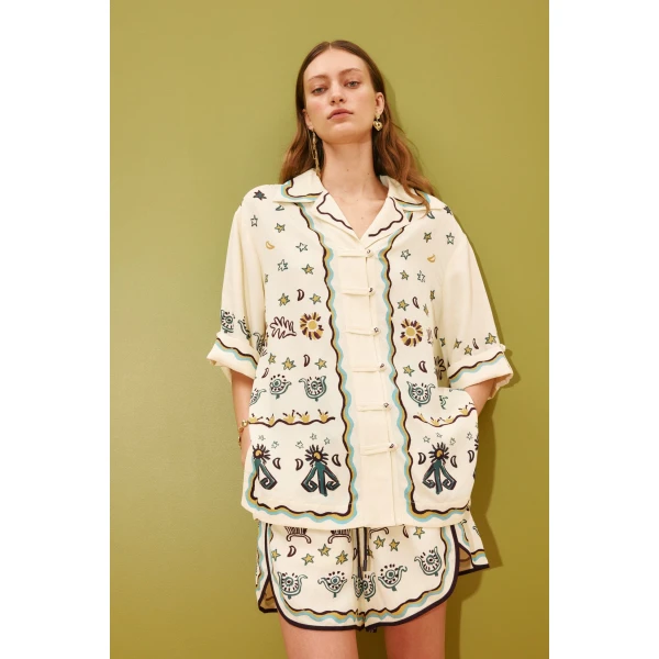 Alemais Sun Dancer Relaxed Shirt  Sustainable Tops with Alemais print -  Luxury Handbags Australian Designer