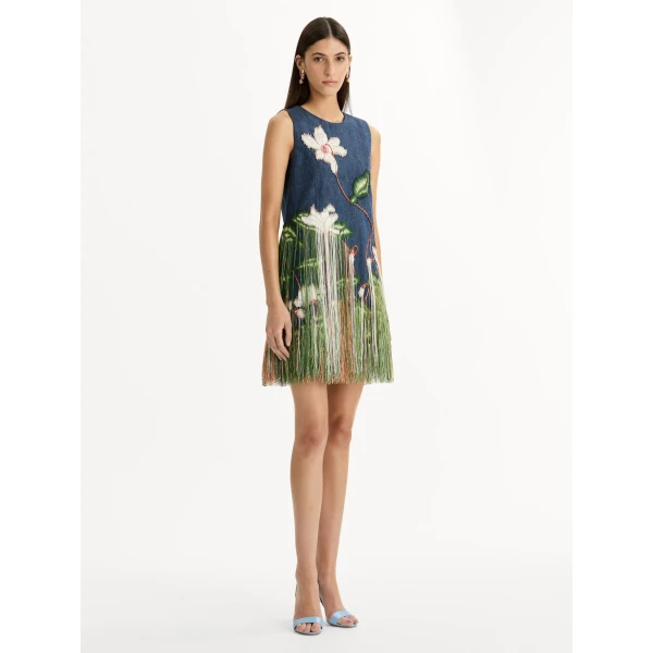 Oscar de la Renta Chiné Cyclamen Threadwork Fringe Shift Dress - Dresses - American Luxury Evening Wear at Luxury Shoes 
