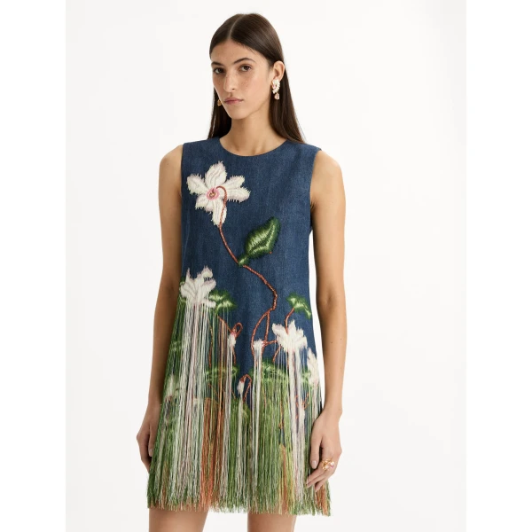Oscar de la Renta Chiné Cyclamen Threadwork Fringe Shift Dress - Dresses - American Luxury Evening Wear at Luxury Shoes 