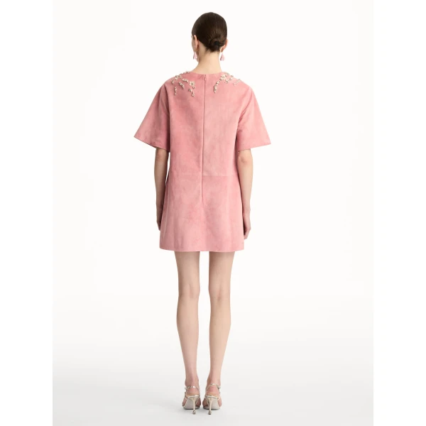 Oscar de la Renta Crystal Necklace Embroidered Suede Dress - Dresses - American Luxury Evening Wear at Luxury Shoes 