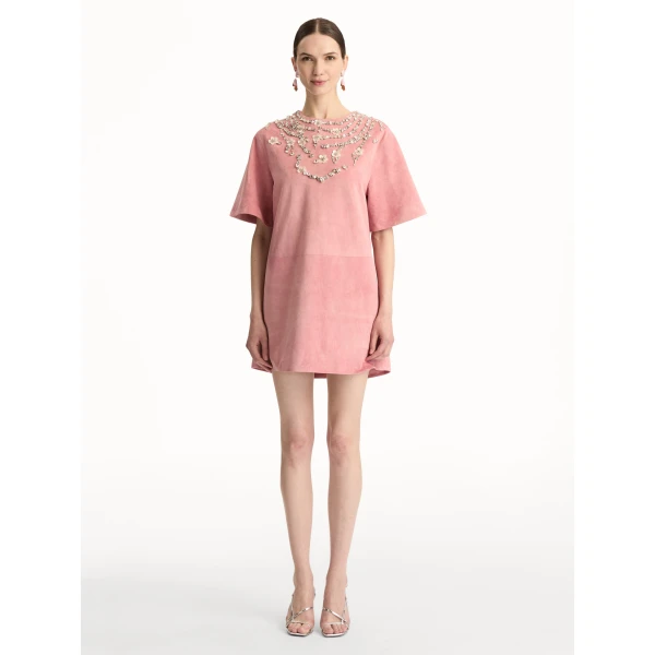 Oscar de la Renta Crystal Necklace Embroidered Suede Dress - Dresses - American Luxury Evening Wear at Luxury Shoes 