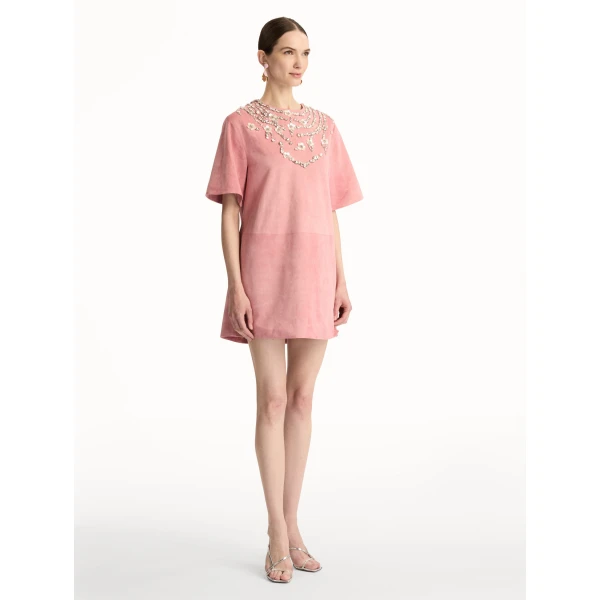 Oscar de la Renta Crystal Necklace Embroidered Suede Dress - Dresses - American Luxury Evening Wear at Luxury Shoes 
