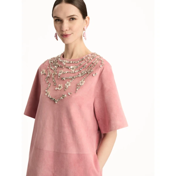 Oscar de la Renta Crystal Necklace Embroidered Suede Dress - Dresses - American Luxury Evening Wear at Luxury Shoes 