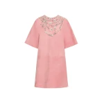 Oscar de la Renta Crystal Necklace Embroidered Suede Dress