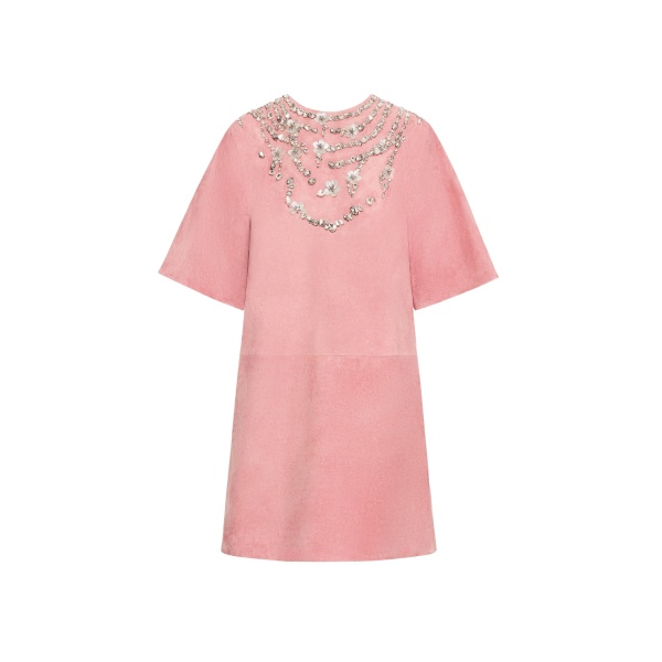 Oscar de la Renta Crystal Necklace Embroidered Suede Dress - Dresses - American Luxury Evening Wear at Luxury Shoes 