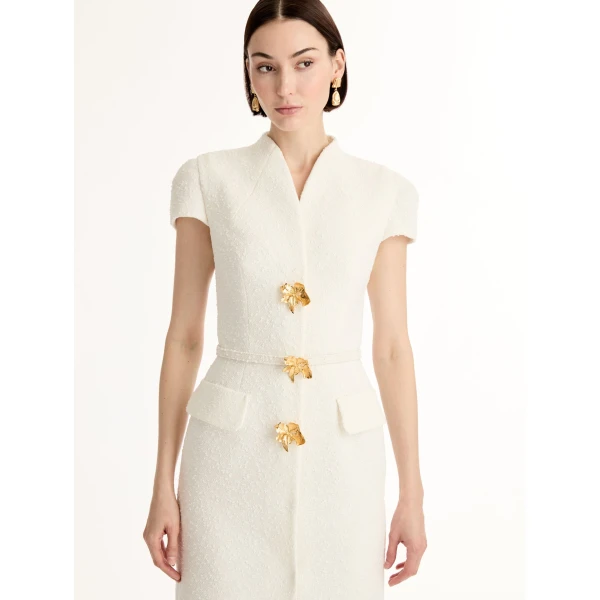 Oscar de la Renta Cyclamen-Detailed Wool Tweed Dress - Dresses - American Luxury Evening Wear at Luxury Shoes 