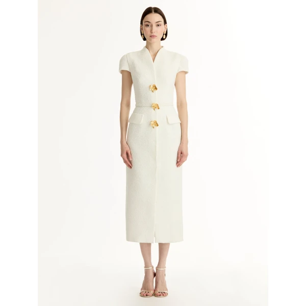 Oscar de la Renta Cyclamen-Detailed Wool Tweed Dress - Dresses - American Luxury Evening Wear at Luxury Shoes 