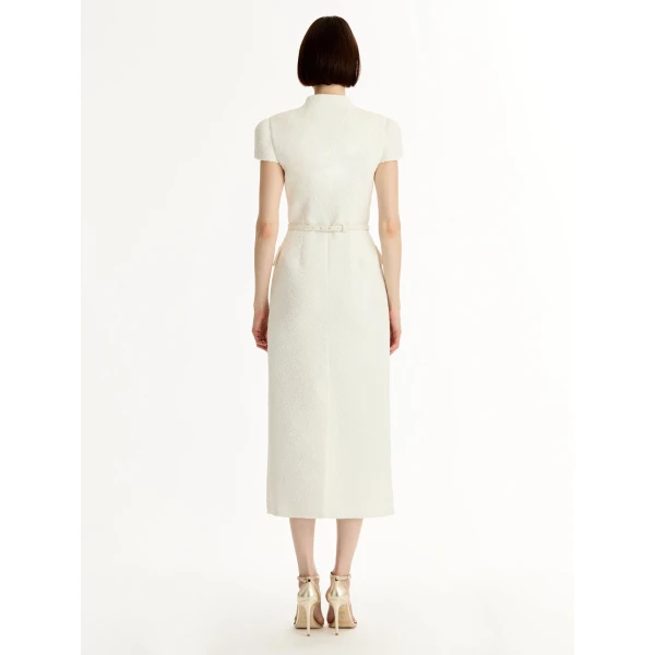 Oscar de la Renta Cyclamen-Detailed Wool Tweed Dress - Dresses - American Luxury Evening Wear at Luxury Shoes 