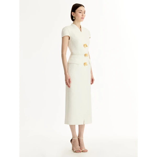 Oscar de la Renta Cyclamen-Detailed Wool Tweed Dress - Dresses - American Luxury Evening Wear at Luxury Shoes 