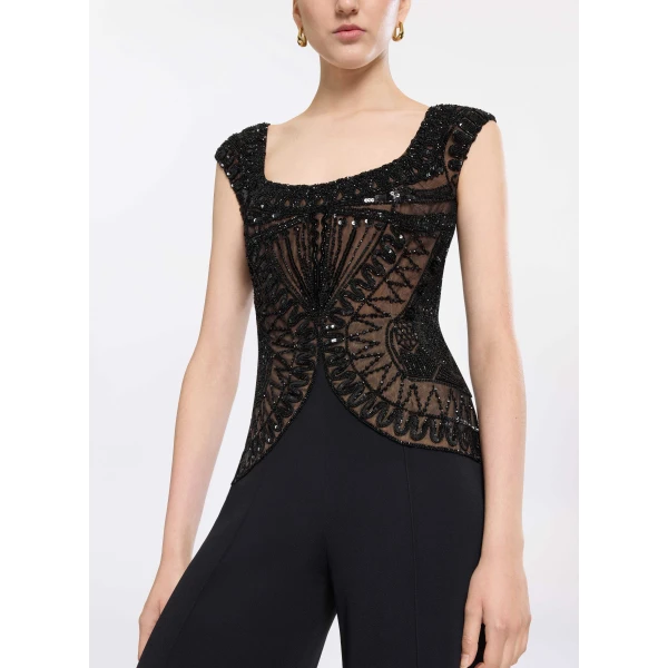 Elie Saab Bead Embroidered Cady Jumpsuit in Black featuring  – Luxury Designer Fashion at Luxury Shoes .