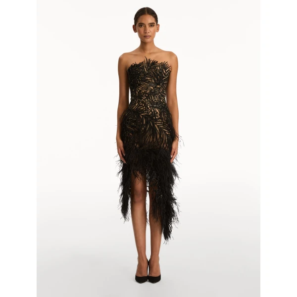 Oscar de la Renta Feather Embroidered Cocktail Dress - Dresses - American Luxury Evening Wear at Luxury Shoes 