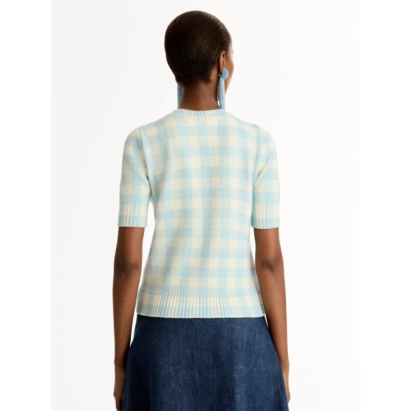 Oscar de la Renta Gingham Pullover with Floral Appliqué - Knitwear - American Luxury Evening Wear at Luxury Shoes 
