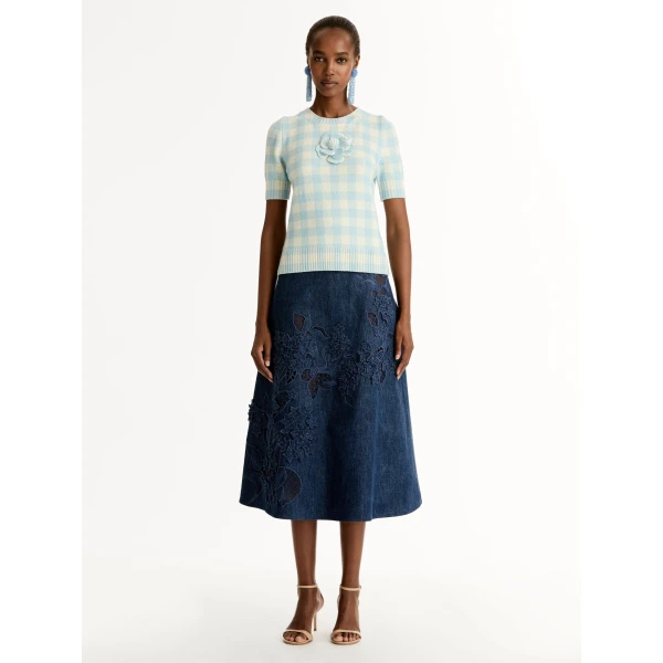 Oscar de la Renta Gingham Pullover with Floral Appliqué - Knitwear - American Luxury Evening Wear at Luxury Shoes 