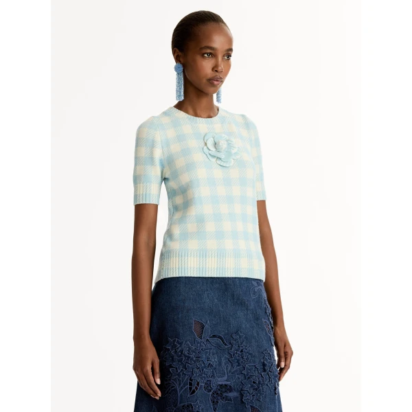 Oscar de la Renta Gingham Pullover with Floral Appliqué - Knitwear - American Luxury Evening Wear at Luxury Shoes 