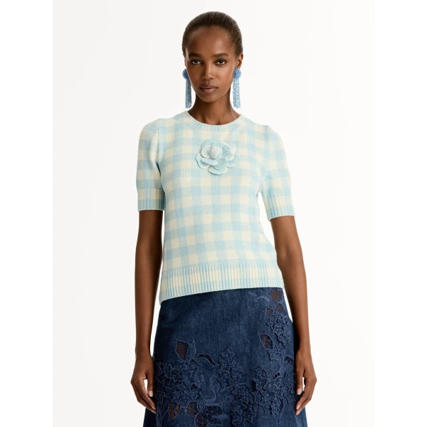 Oscar de la Renta Gingham Pullover with Floral Appliqué - Knitwear - American Luxury Evening Wear at Luxury Shoes 