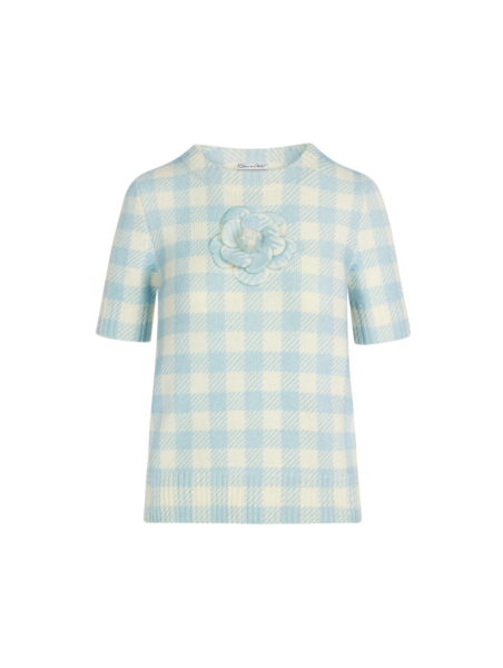 Oscar de la Renta Gingham Pullover with Floral Appliqué - Knitwear - American Luxury Evening Wear at Luxury Shoes 