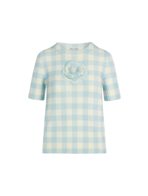 Oscar de la Renta Gingham Pullover with Floral Appliqué - Knitwear - American Luxury Evening Wear at Luxury Shoes 