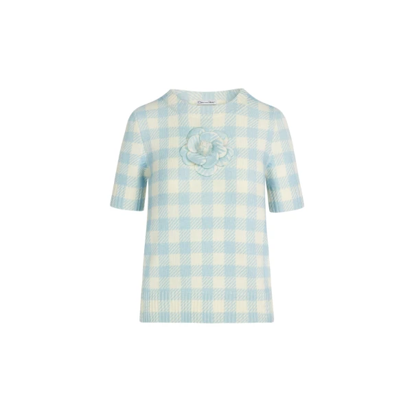 Oscar de la Renta Gingham Pullover with Floral Appliqué - Knitwear - American Luxury Evening Wear at Luxury Shoes 