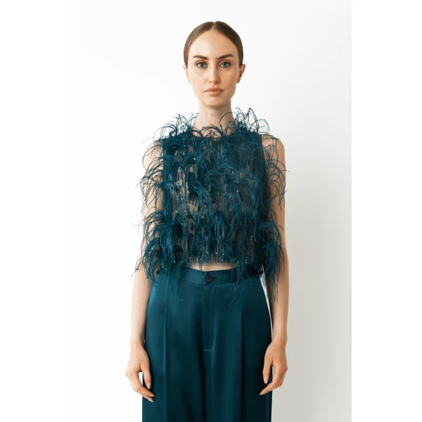 LAPOINTE Cascading Feather Embellished Cropped Tank - Blue Tops - New York Luxury Fashion at Luxury Shoes 