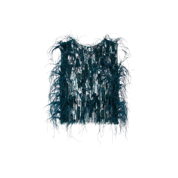 LaPointe Cascading Feather Embellished Cropped Tank Top