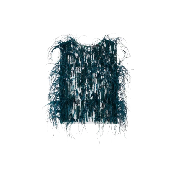 LAPOINTE Cascading Feather Embellished Cropped Tank - Blue Tops - New York Luxury Fashion at Luxury Shoes 