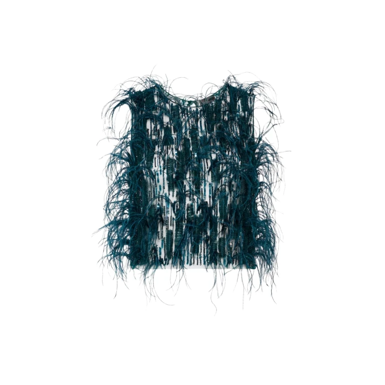 LAPOINTE Cascading Feather Embellished Cropped Tank - Blue Tops - New York Luxury Fashion at Luxury Shoes 
